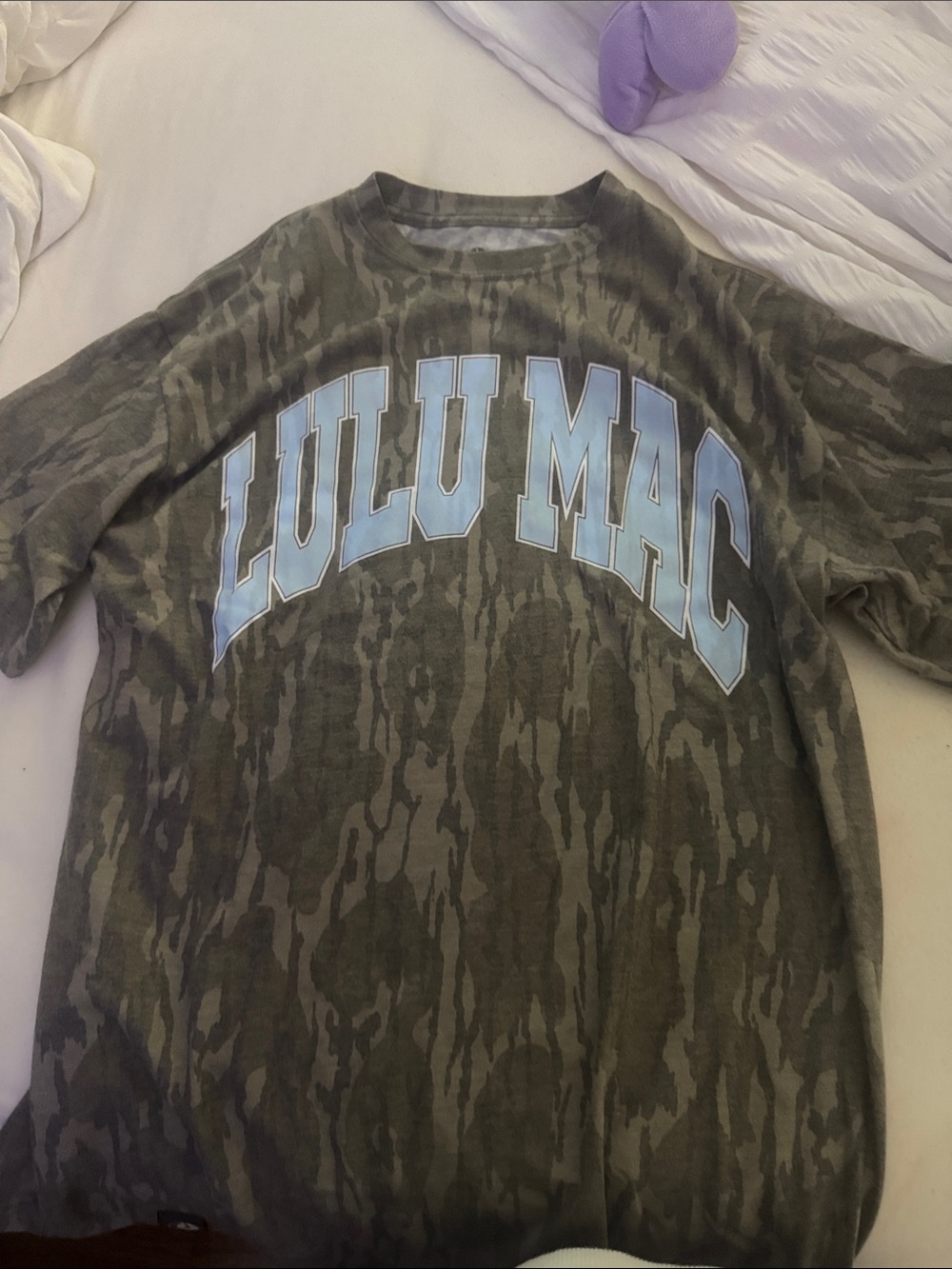 Lulu Mac Mossy Oak Olive Camo Short-Sleeve Tee with Light Blue Logo NWOT